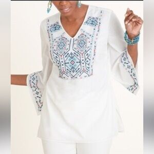 Chico's Women's Embroidered V-Neck Bell Sleeve Blouse White large